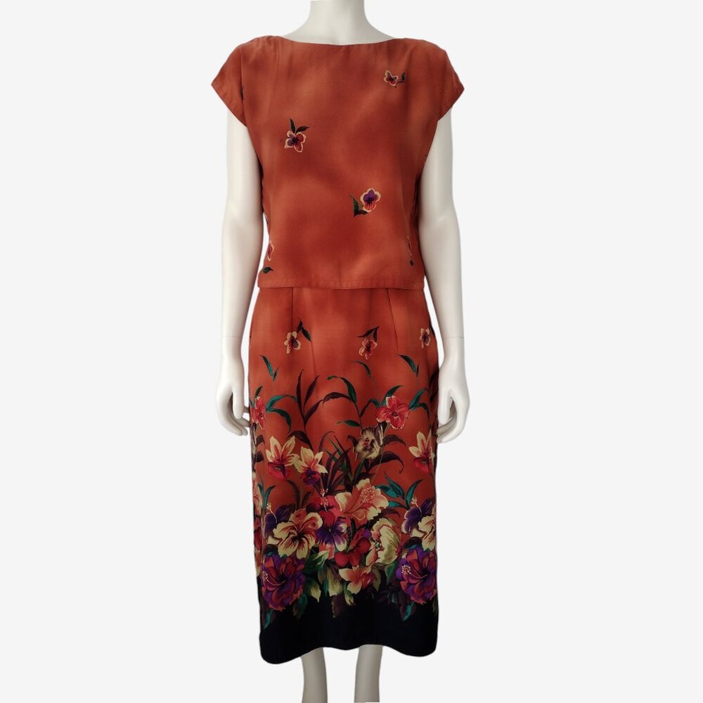 Vintage Homemade Terracotta Floral 2 Piece Blouse and Midi Skirt Set